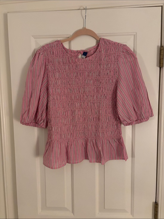 Old Navy Tops - Old Navy Pink Striped Smocked Peplum Blouse